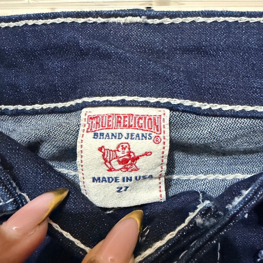 True Religion Billy Bootcut Jeans Dark Wash Pink Rhinestone Big T Stitch 27 Y2K - Picture 5 of 11